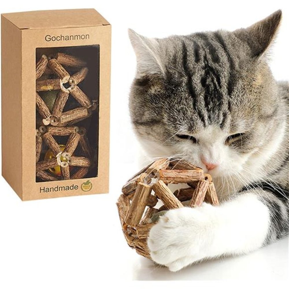 Catnip Toys-2Pcs Natural Silvervine Stick Catnip Ball&Bell Ball-Cat Toys